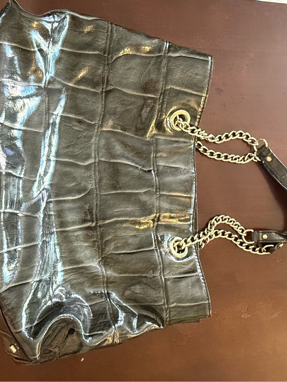 kate spade Black Croc-Embossed Patent Leather Tote with Gold Chain Straps